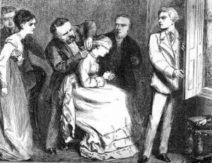 The main character of Wilkie Collins's novel Poor Miss Finch having her blindfold removed.