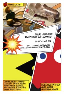 A poster depicting Pac-Man, a red ghost, a Monopoly piece, and the Game of Thrones board game.